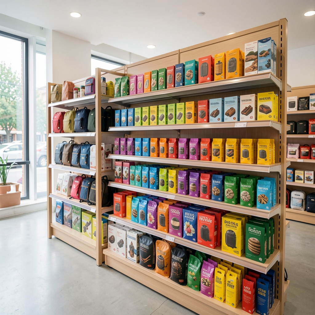 Estantería de productos de viaje ordenados por colores en un espacio comercial luminoso sin personas