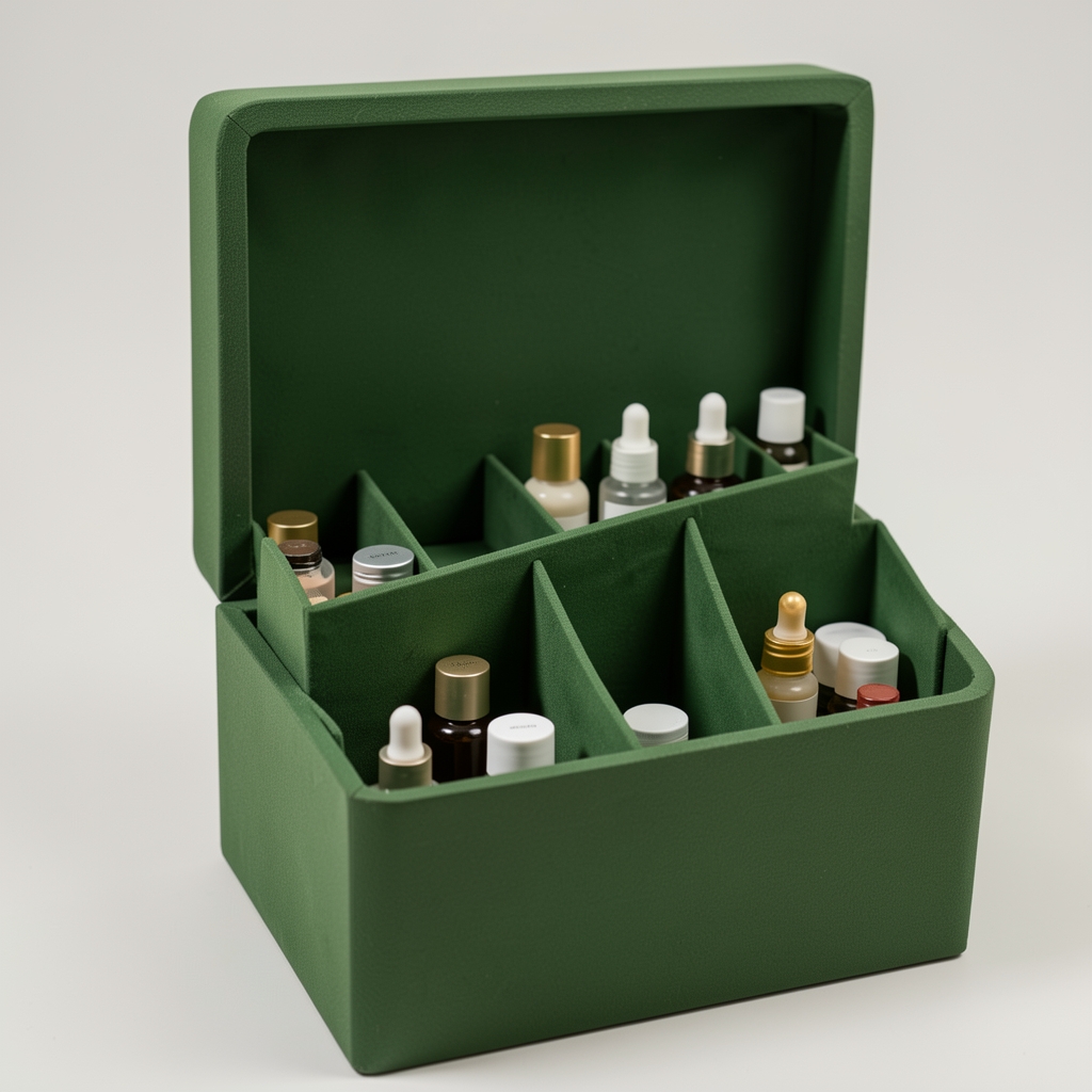 Cosmetiquera verde bosque abierta con separadores interiores y pequeños frascos sin marcas
