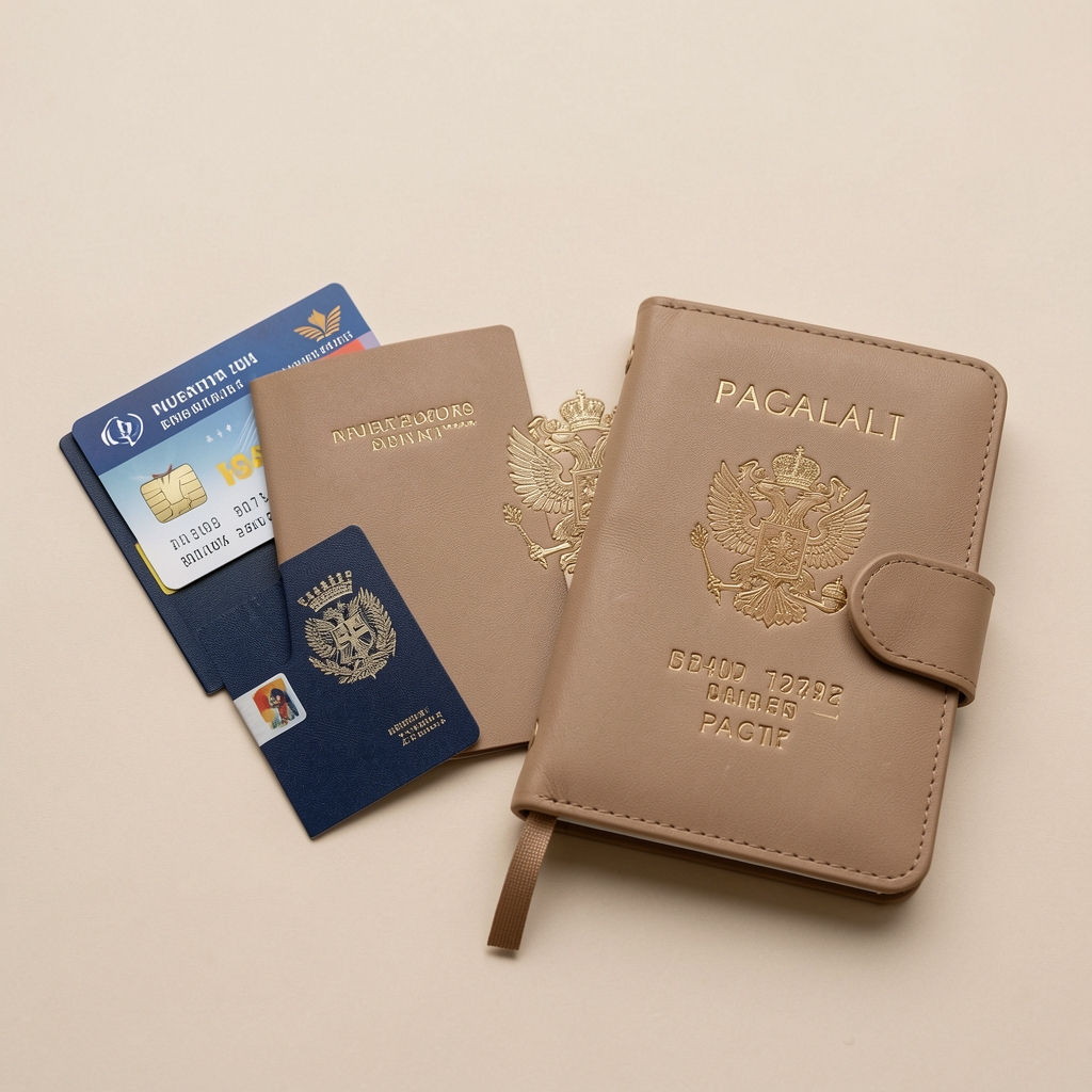 Funda delgada para pasaporte color arena junto a tarjetas y una libreta de viaje
