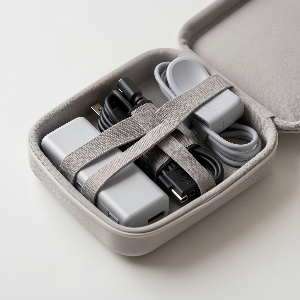 Estuche gris claro con correas elásticas para cargadores y cables ordenados