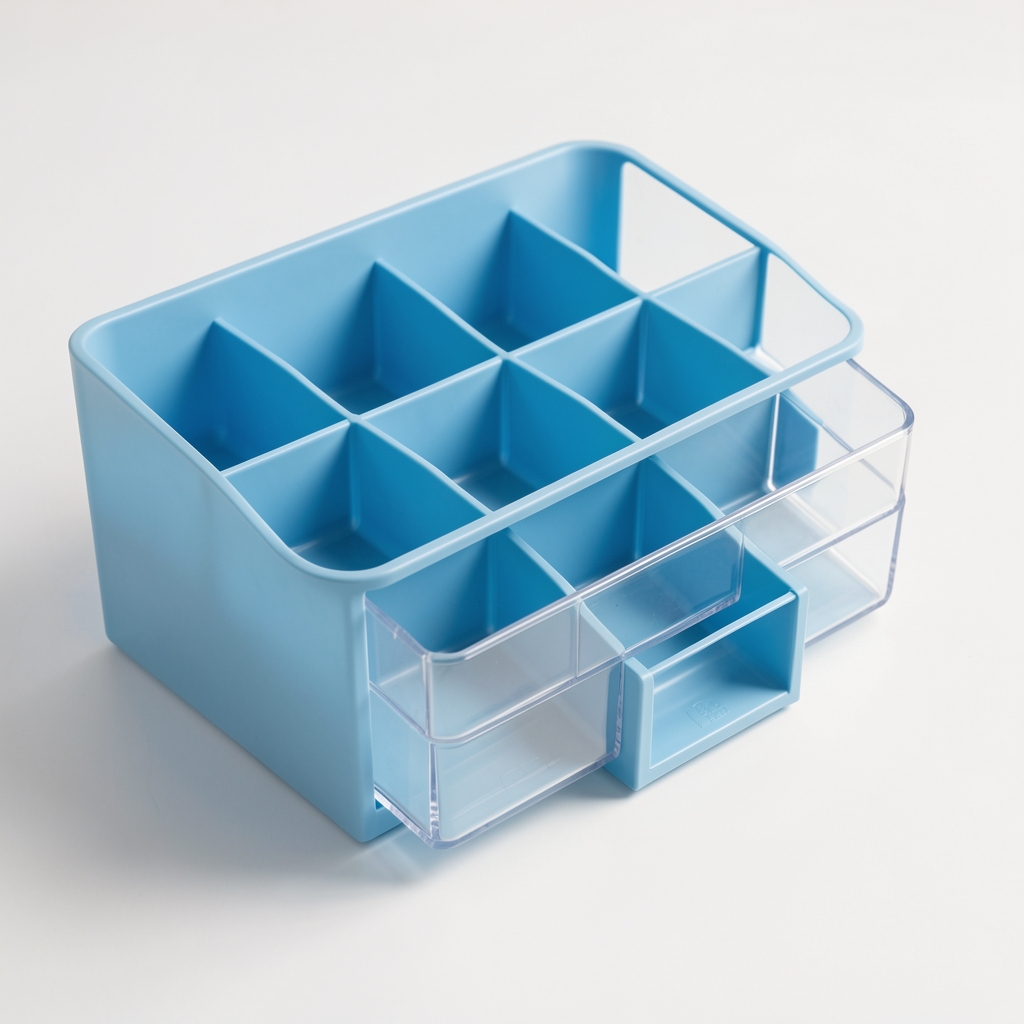 Organizador multiuso azul cielo con divisiones internas transparentes