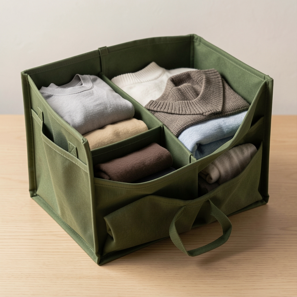 Organizador textil verde bosque con compartimentos abiertos para prendas dobladas