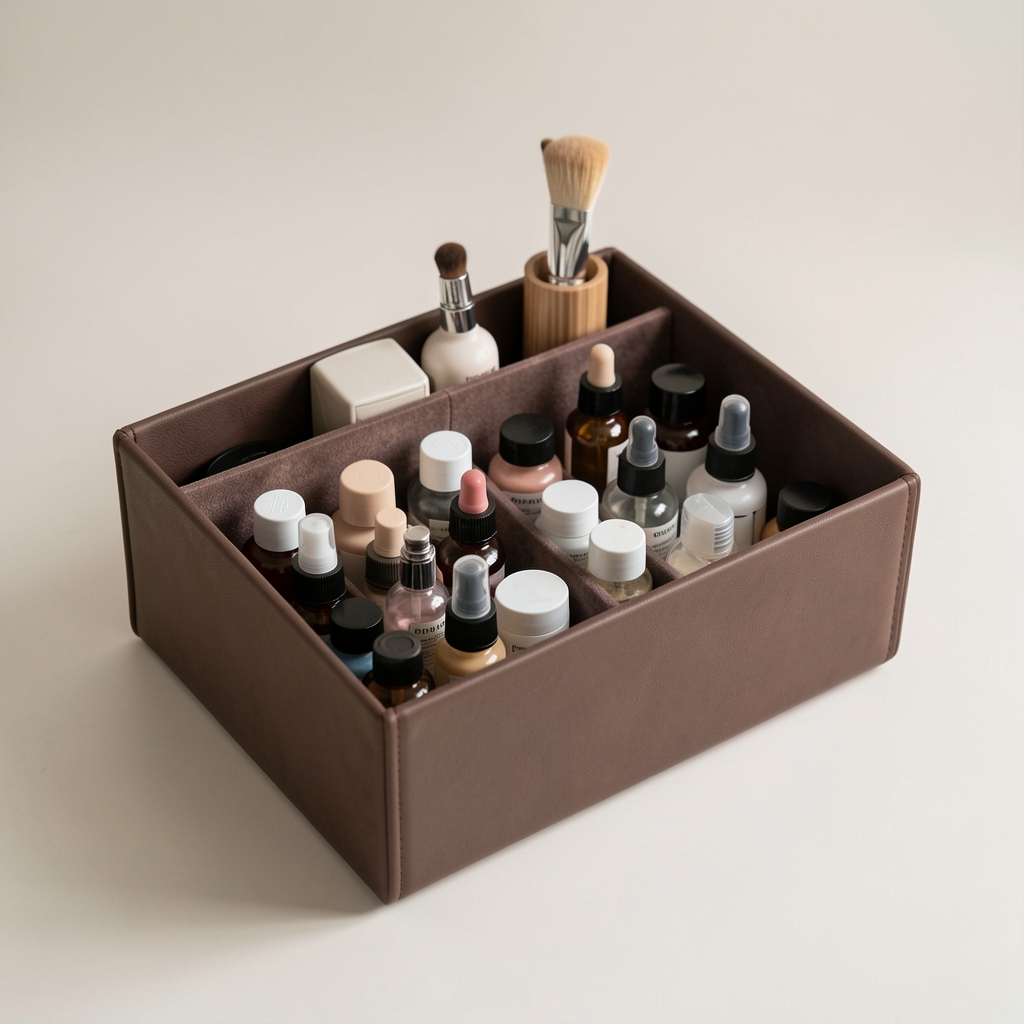 Cosmetiquera rectangular de material resistente con frascos pequeños organizados en su interior