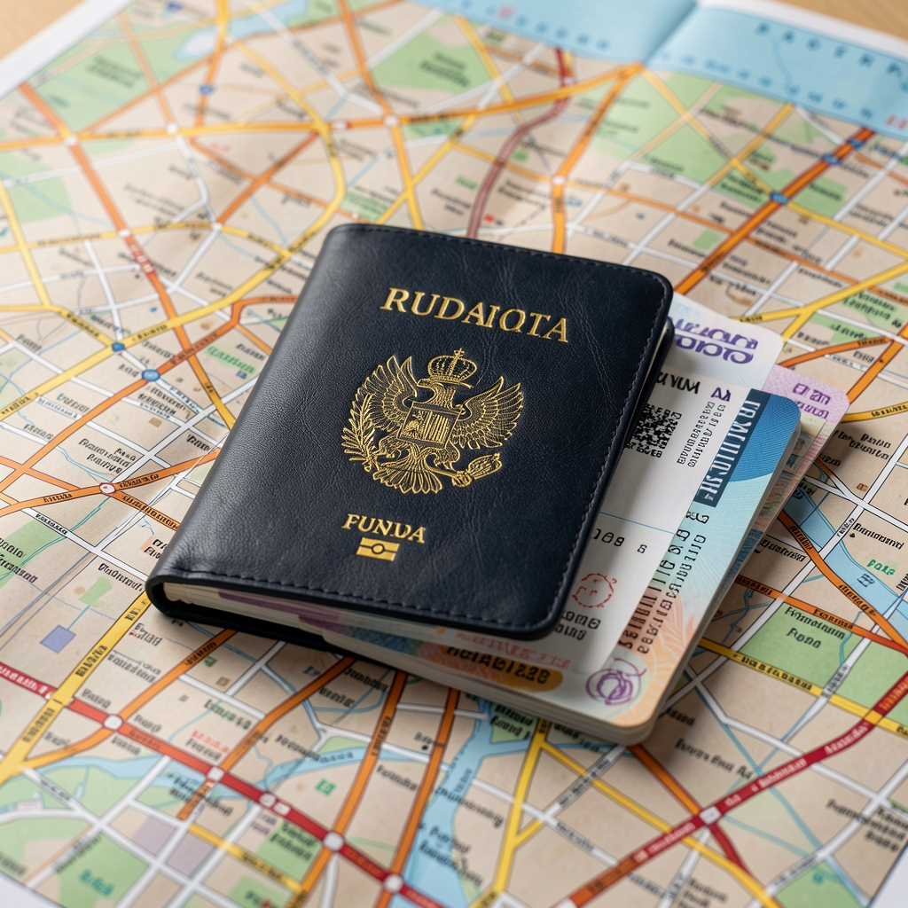 Funda para pasaporte y documentos de viaje sobre un mapa urbano sin personas