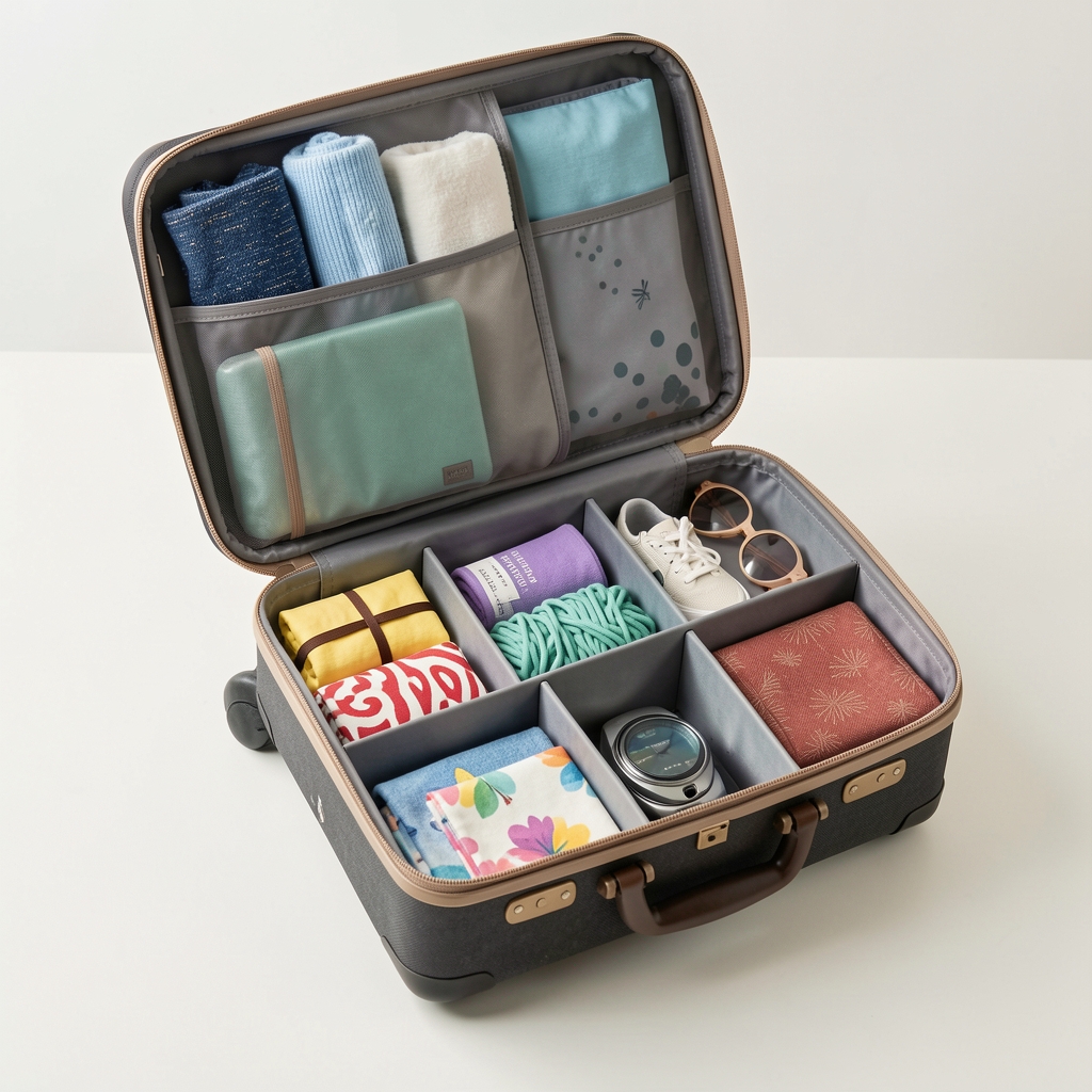 Maleta abierta con organizadores textiles ordenados y accesorios de viaje sobre una superficie clara