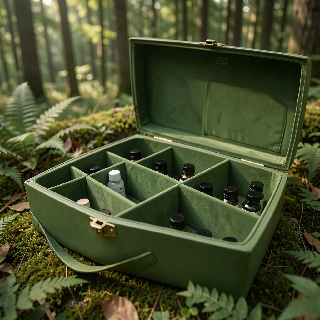 Cosmetiquera verde bosque abierta con separadores interiores y pequeños frascos sin marcas