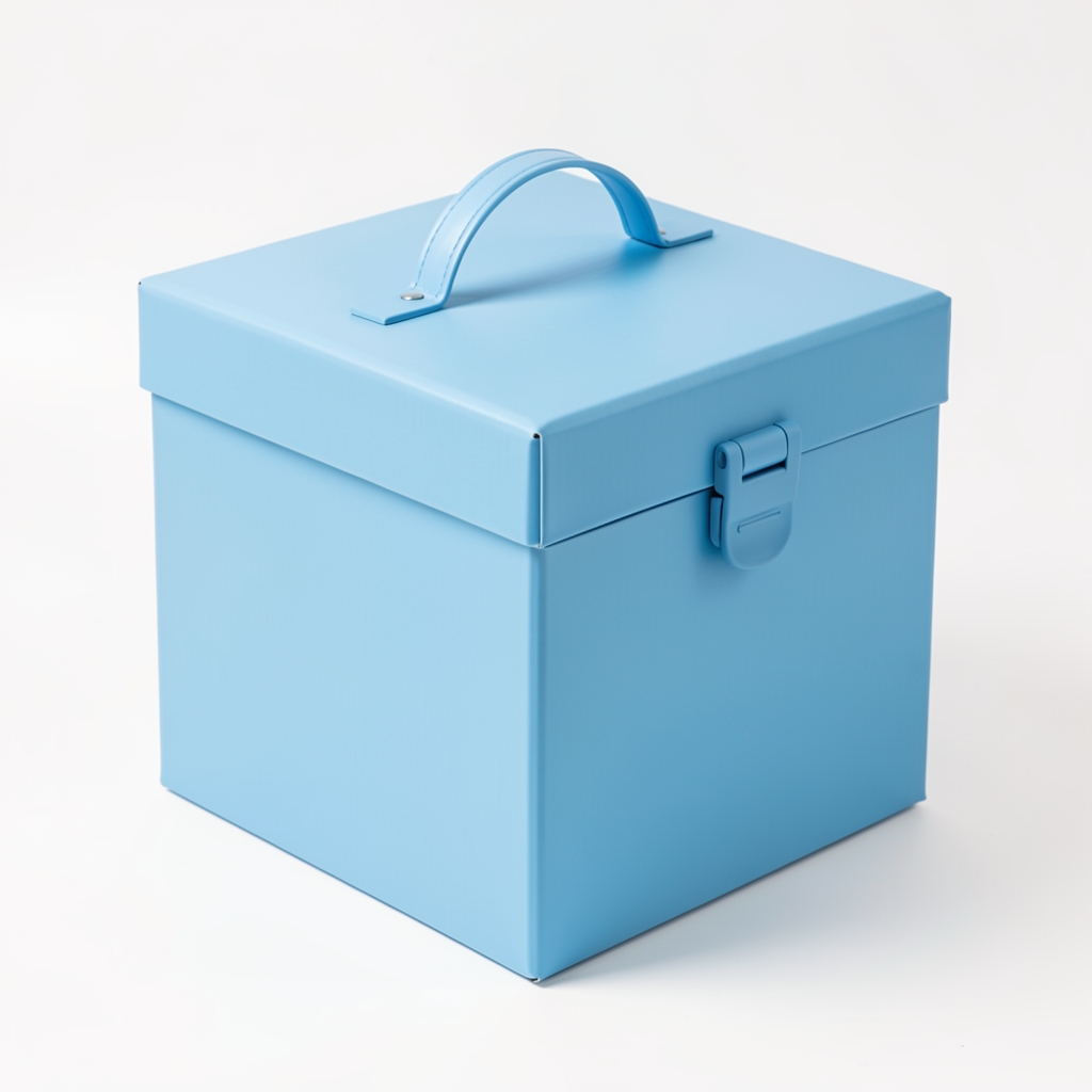 Cubo de embalaje azul cielo con cierre y asa sobre fondo blanco