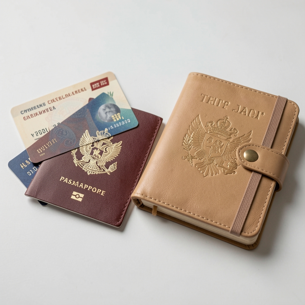Funda delgada para pasaporte color arena junto a tarjetas y una libreta de viaje